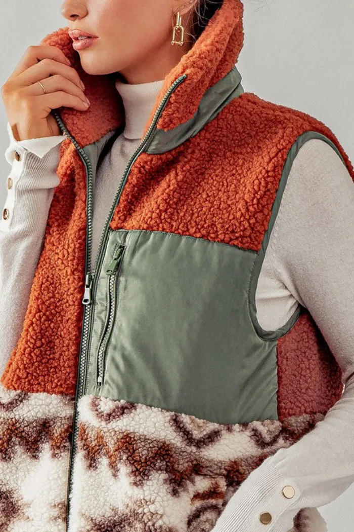 Sherpa Fleece Tribal Print High Neck Vest