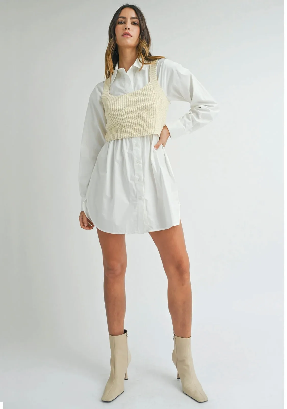 Shirt Dress With Knit Crop Top Cream