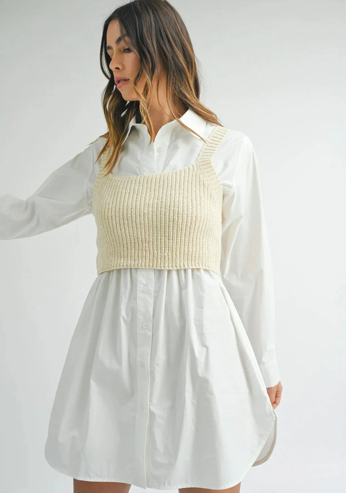 Shirt Dress With Knit Crop Top Cream