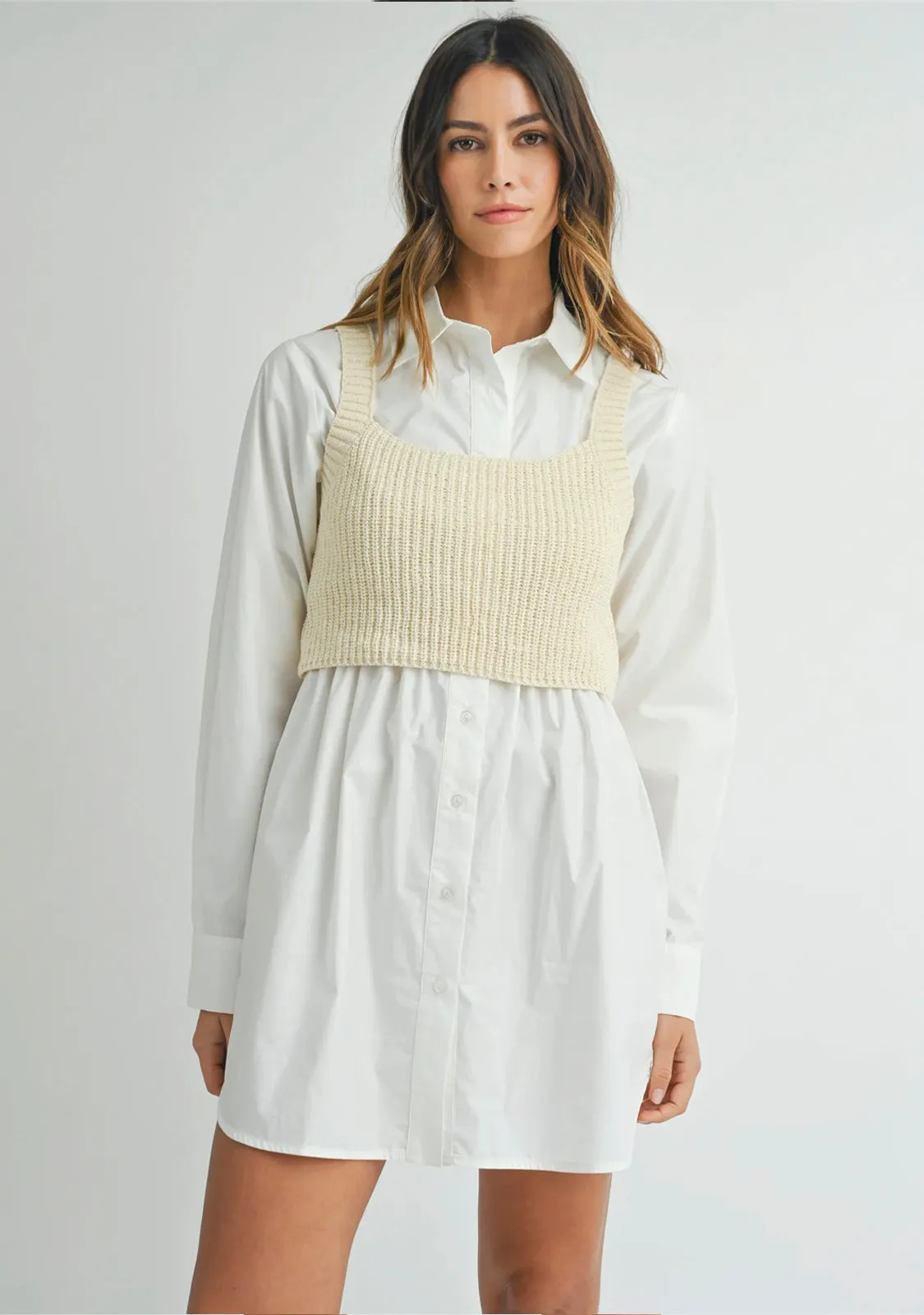 Shirt Dress With Knit Crop Top Cream