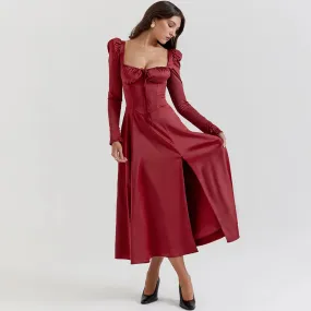 Sladuo Vintage Long Puff Sleeves And Lace Up Back Ruby Corset Midi Dress For Evening Brithday Chritmas Cocktail Dresses Vestidos