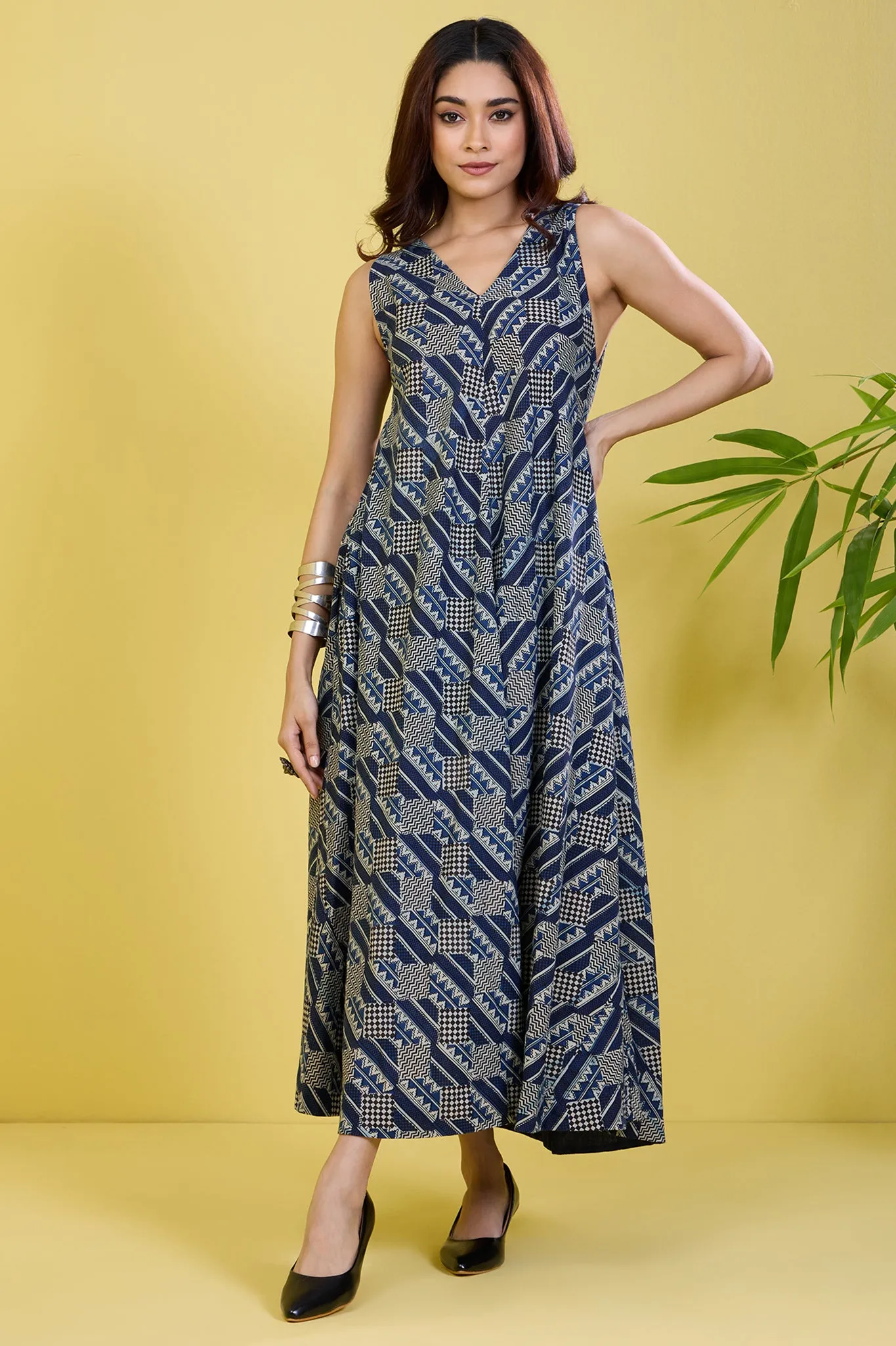 sleeveless strap blue flared dress indigo mosaic