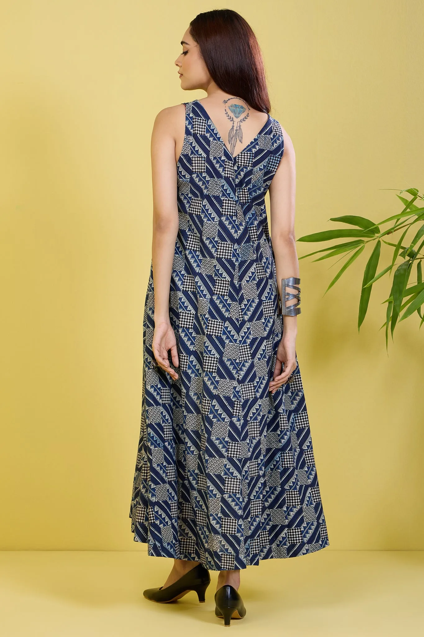 sleeveless strap blue flared dress indigo mosaic