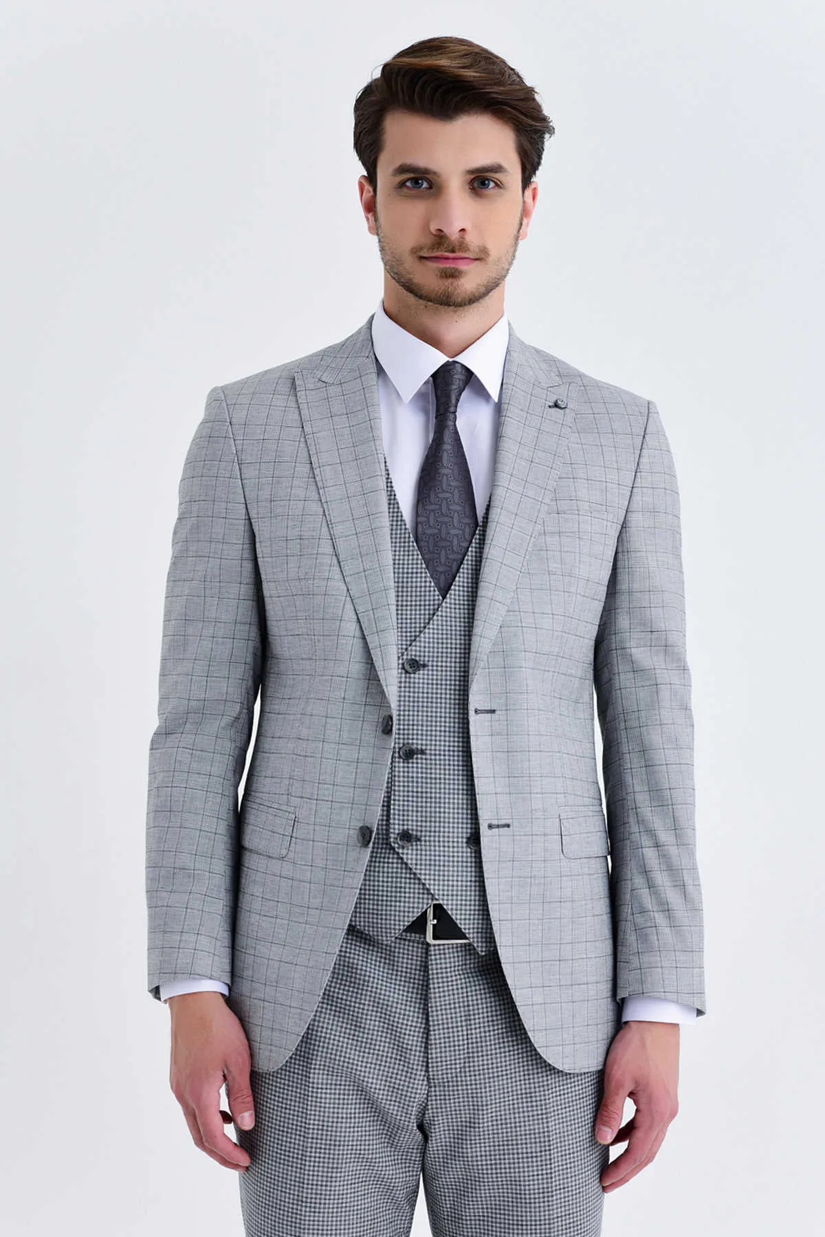 Slim Fit Notch Lapel Wool Casual Suit with Vest, Gray K.