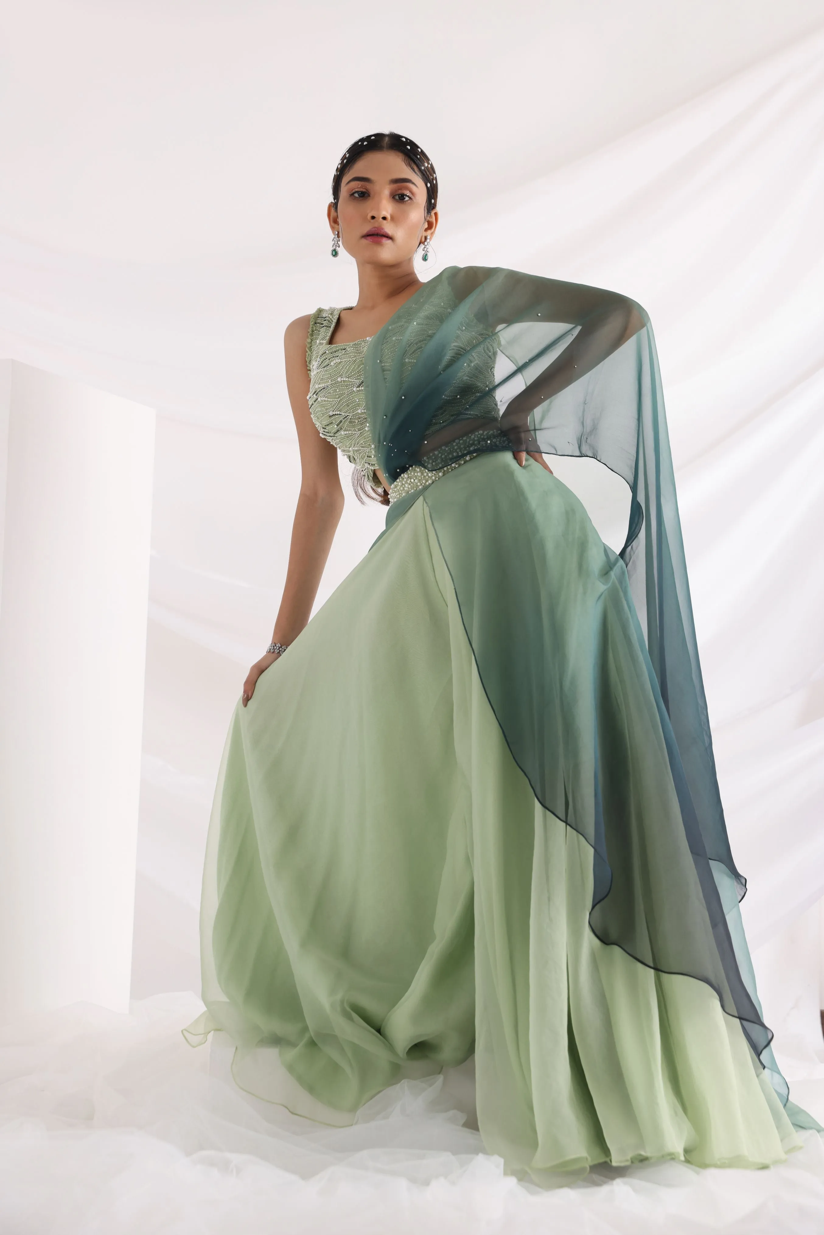 Smriti Apparel's Elegant green wave lehenga set - Rent