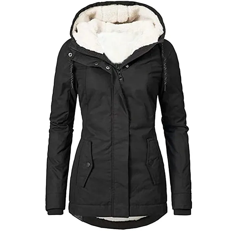 Solid Color Pocket Zipper Long Sleeve Fleece-Lined Plush Jacket Coat