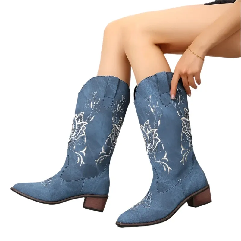 Sultana Retro Pointy Toe canvas Mid calf embroidered blue Boots