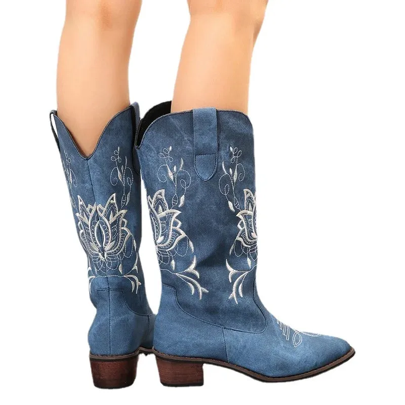 Sultana Retro Pointy Toe canvas Mid calf embroidered blue Boots