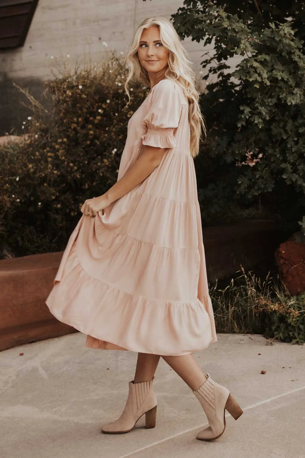 Sunshine Tiered Midi Dress in Blush