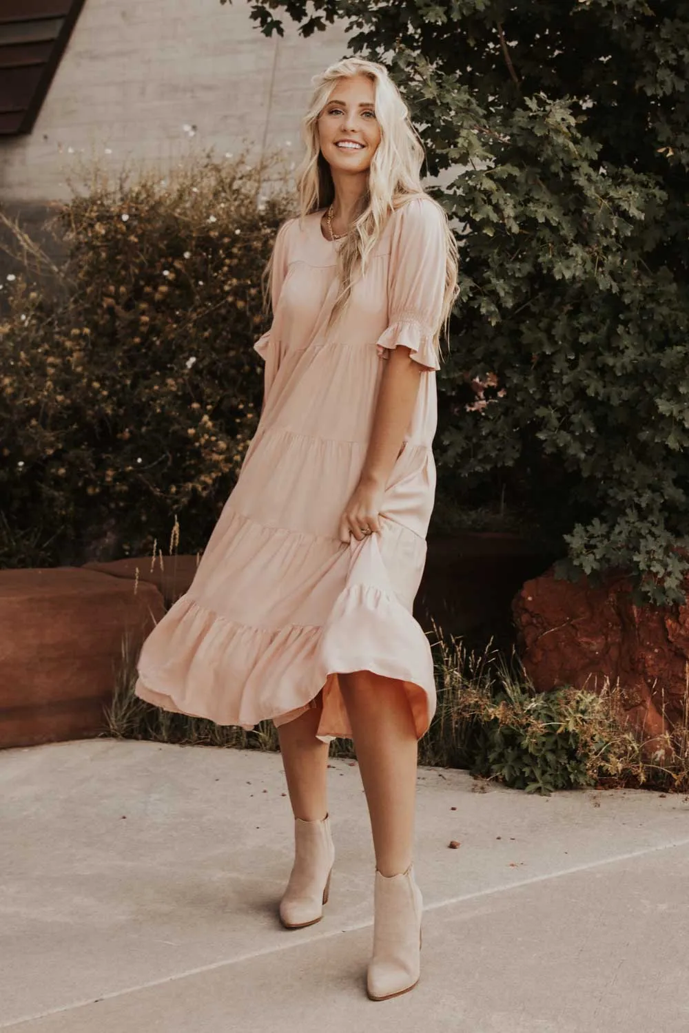 Sunshine Tiered Midi Dress in Blush