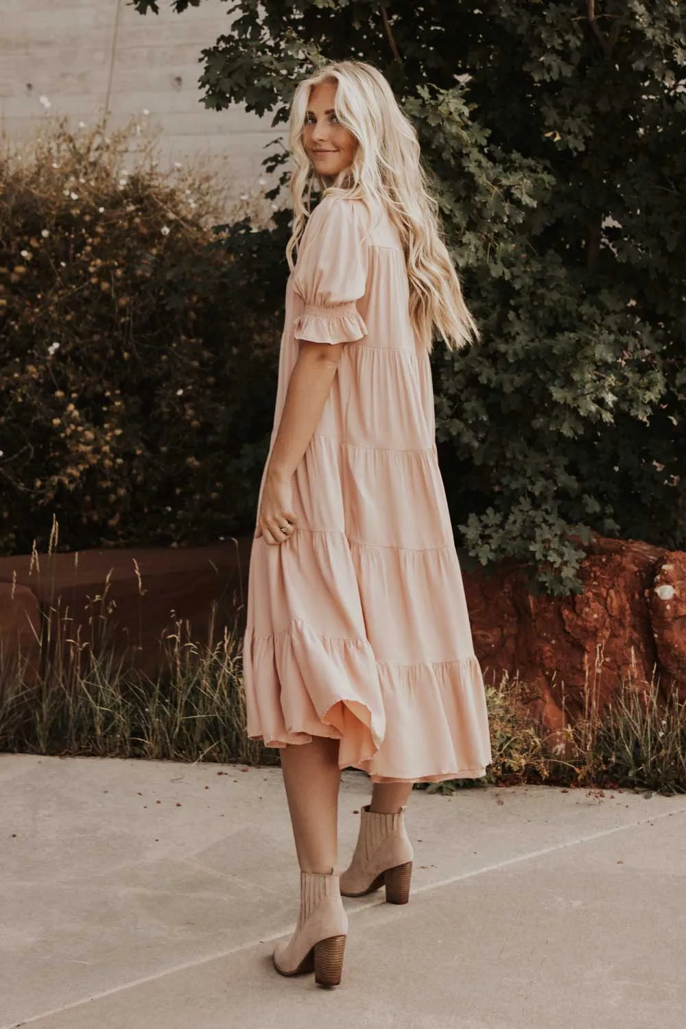 Sunshine Tiered Midi Dress in Blush