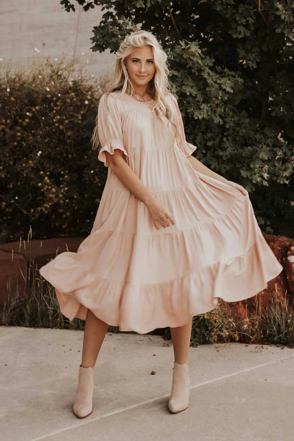 Sunshine Tiered Midi Dress in Blush