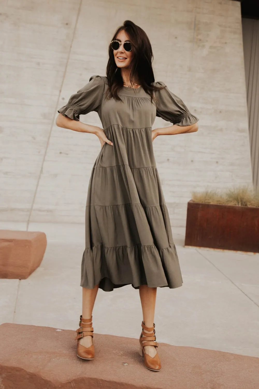 Sunshine Tiered Midi Dress in Olive