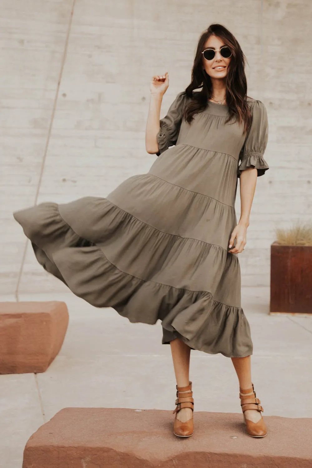 Sunshine Tiered Midi Dress in Olive