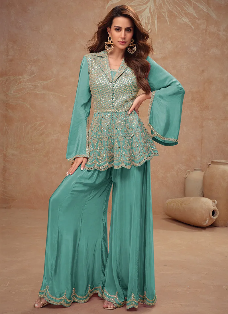 Teal Blue Embroidery Peplum Style Pant Suit