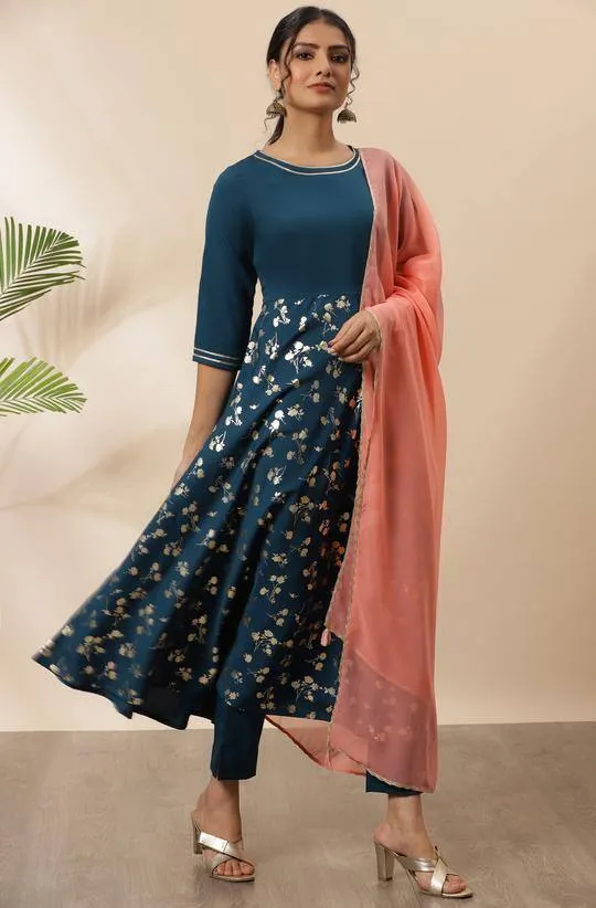 Teal Blue Kurta Palazzo Suit Set with Dupatta