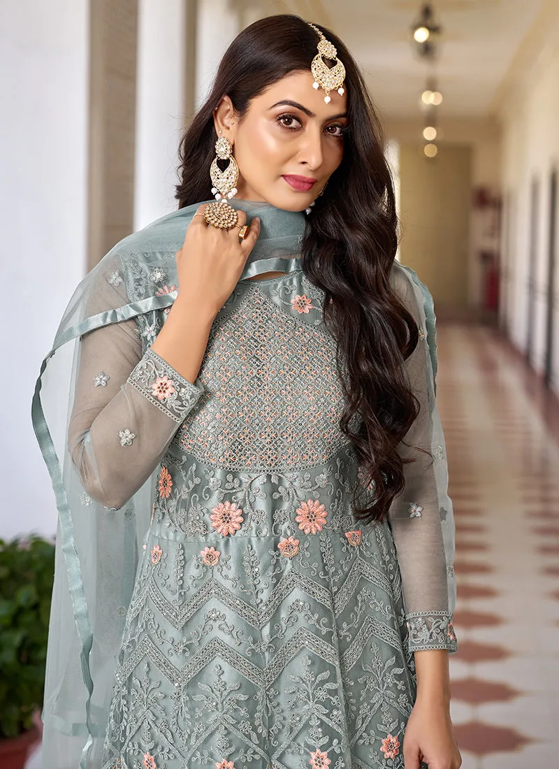 Teal Blue Traditional Net Anarkali Suit