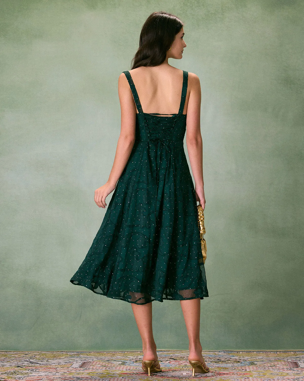 The Green Square Neck Jacquard Slit Midi Dress