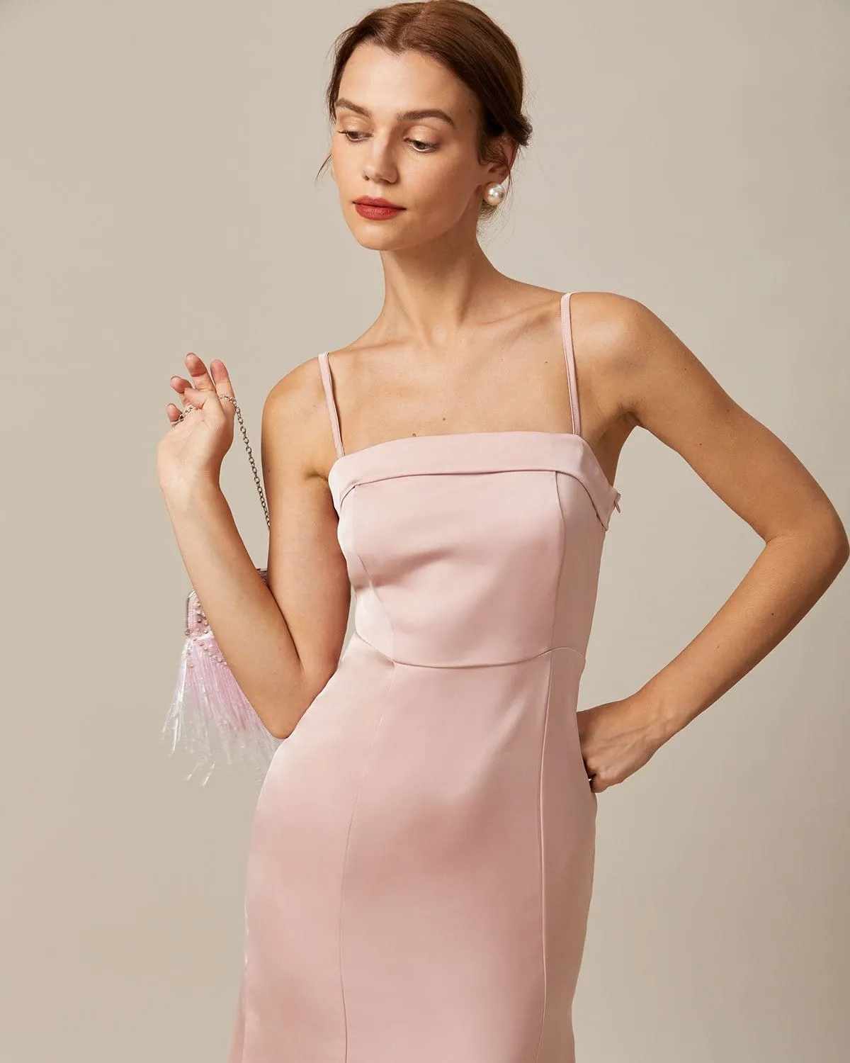 The Pink Bodycon Satin Cami Midi Dress