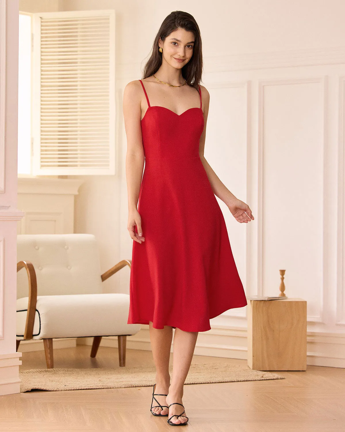 The Red Sweetheart Neck Slip Midi Dress