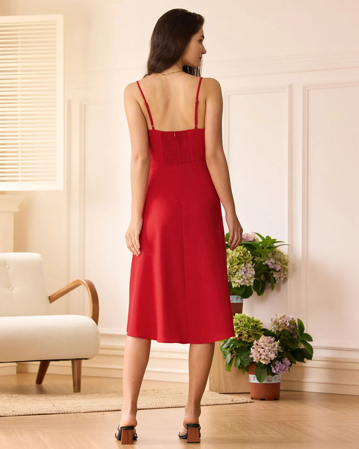 The Red Sweetheart Neck Slip Midi Dress