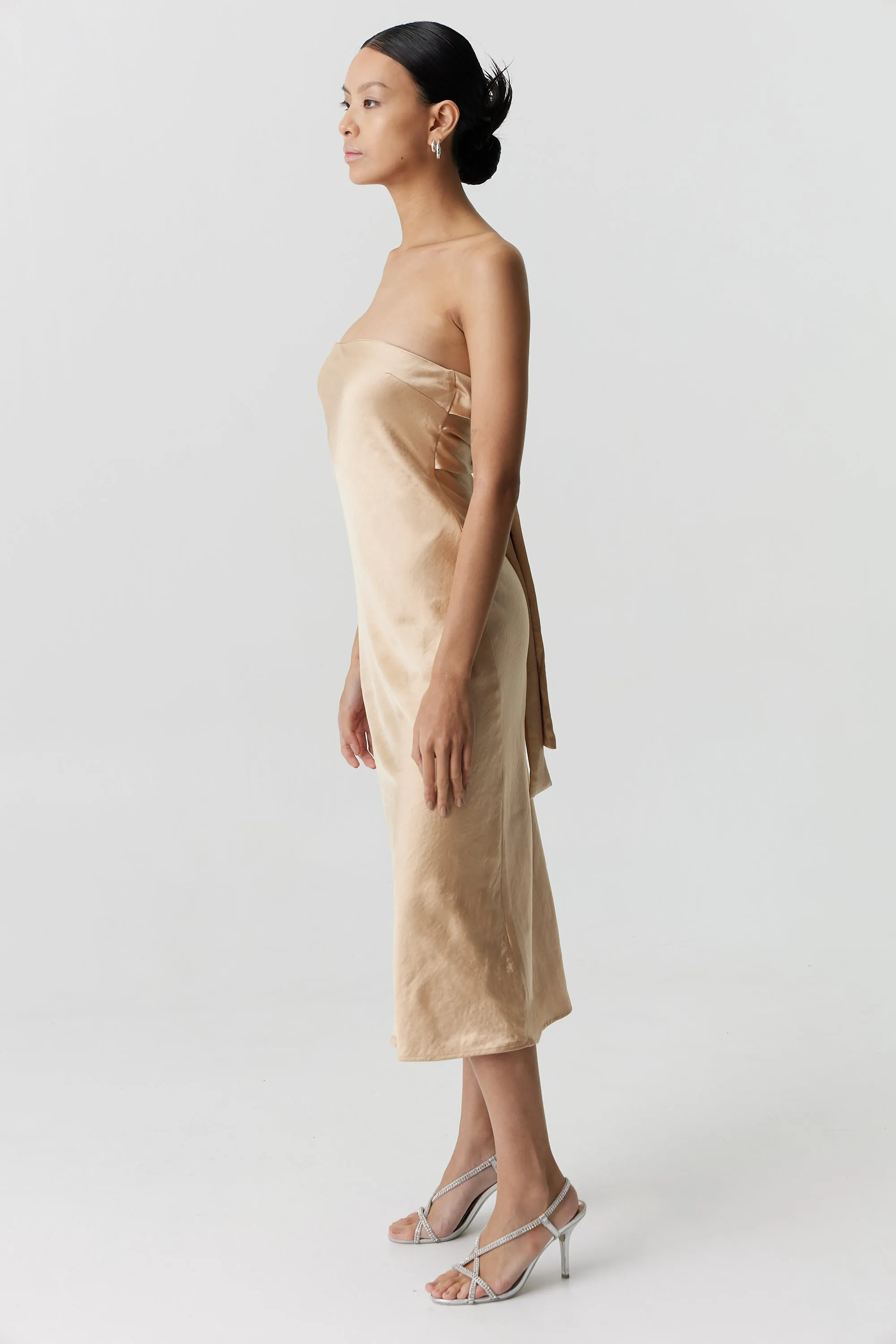 Third Form Satin Tie Back Strapless Midi Dress - Sand