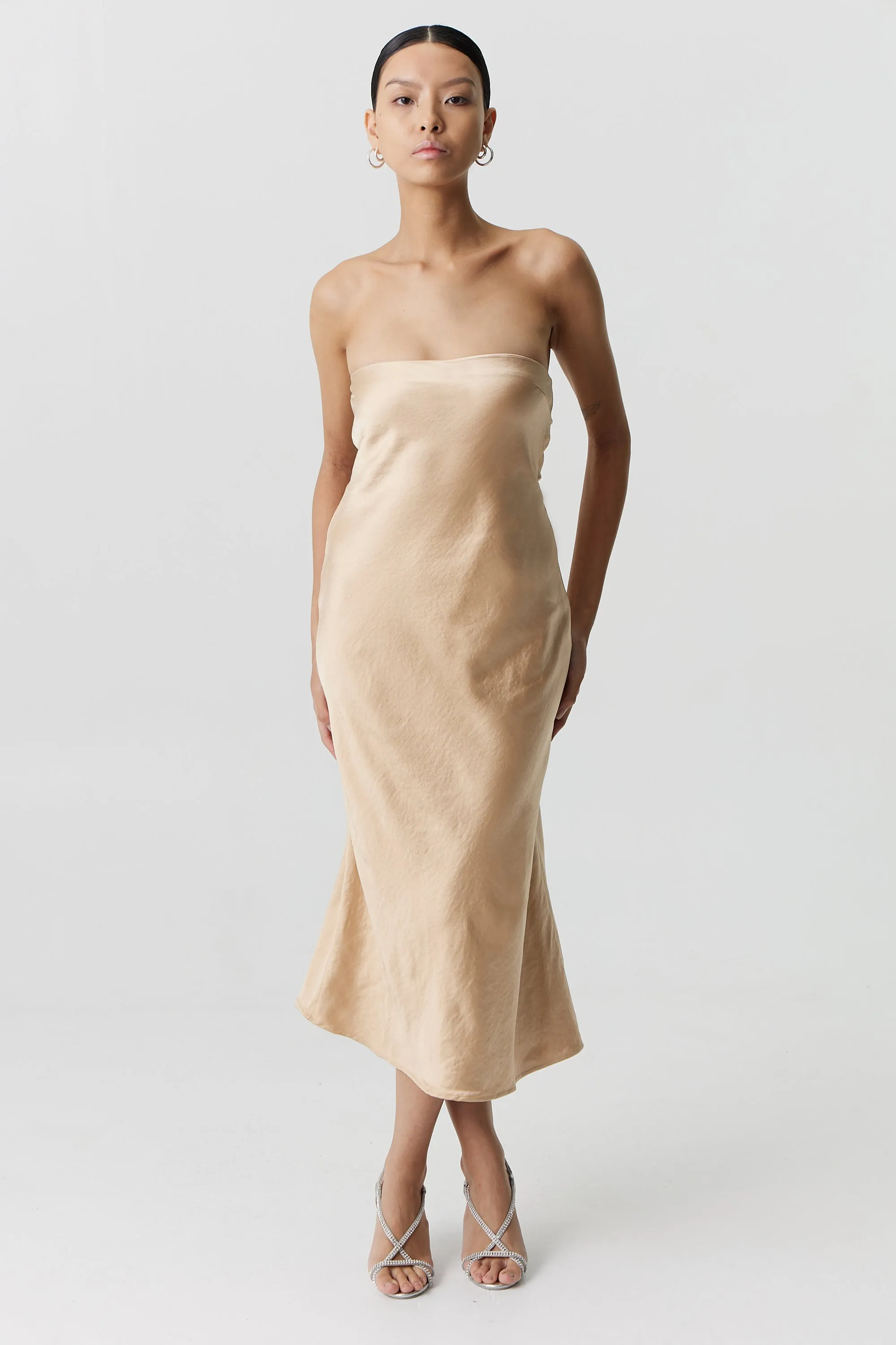 Third Form Satin Tie Back Strapless Midi Dress - Sand