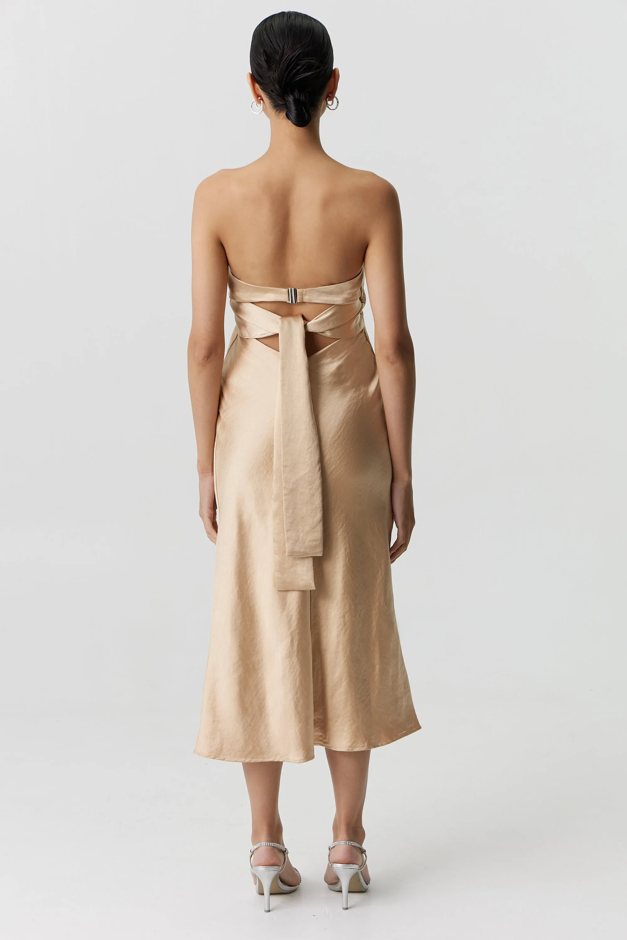 Third Form Satin Tie Back Strapless Midi Dress - Sand