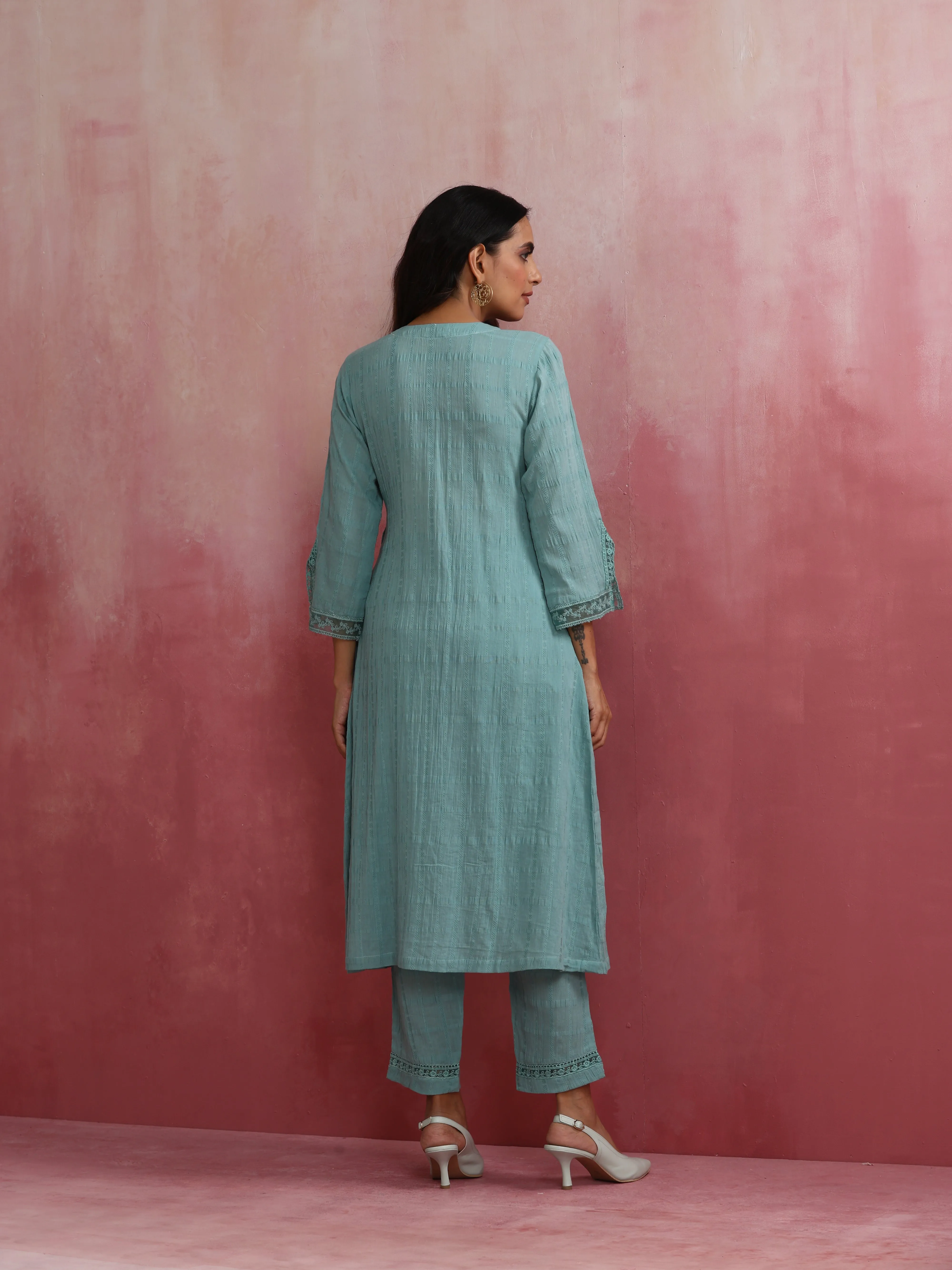 trueBrowns Aqua Blue Cotton Dobby Angrakha Kurta Set