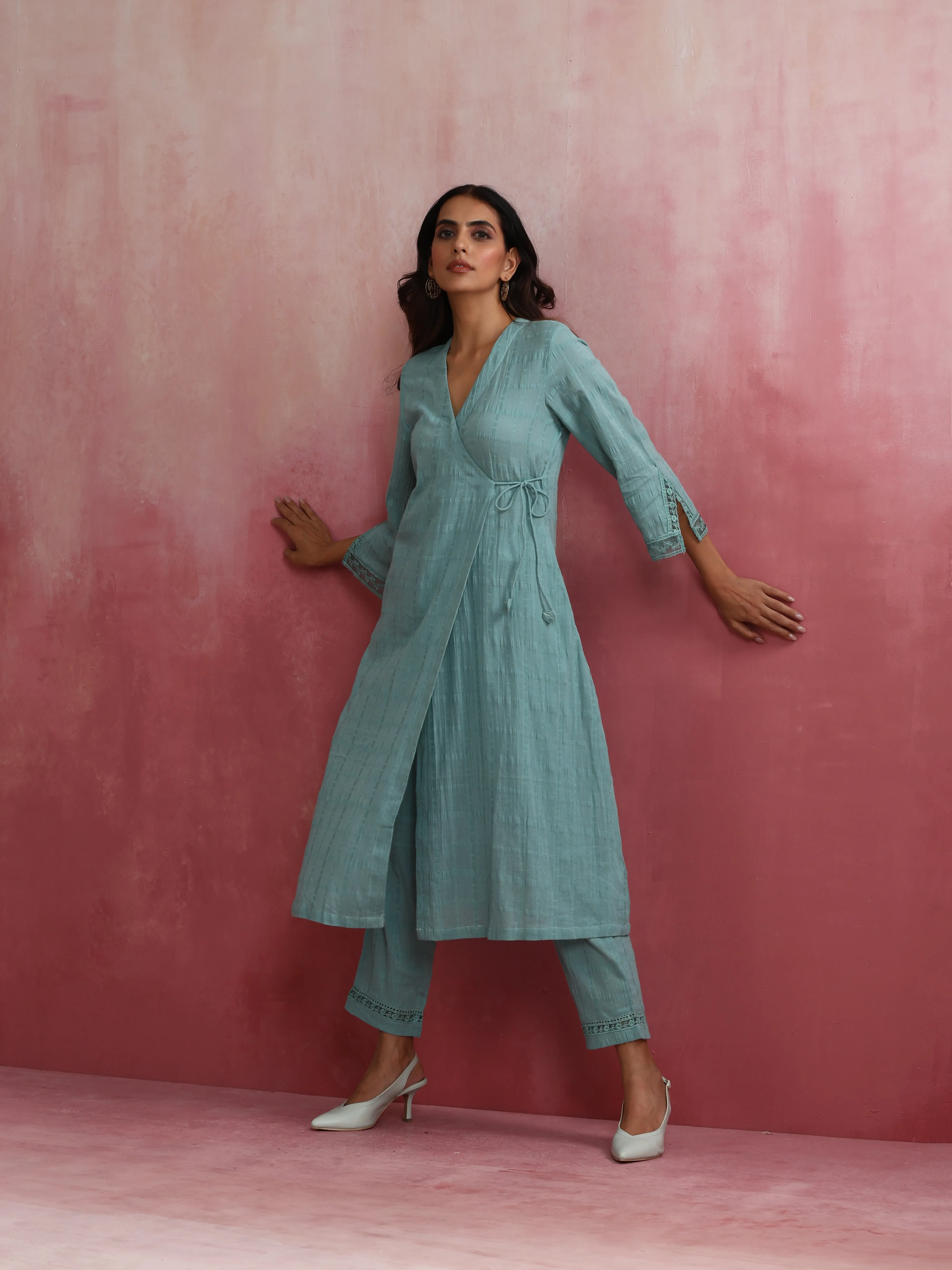 trueBrowns Aqua Blue Cotton Dobby Angrakha Kurta Set