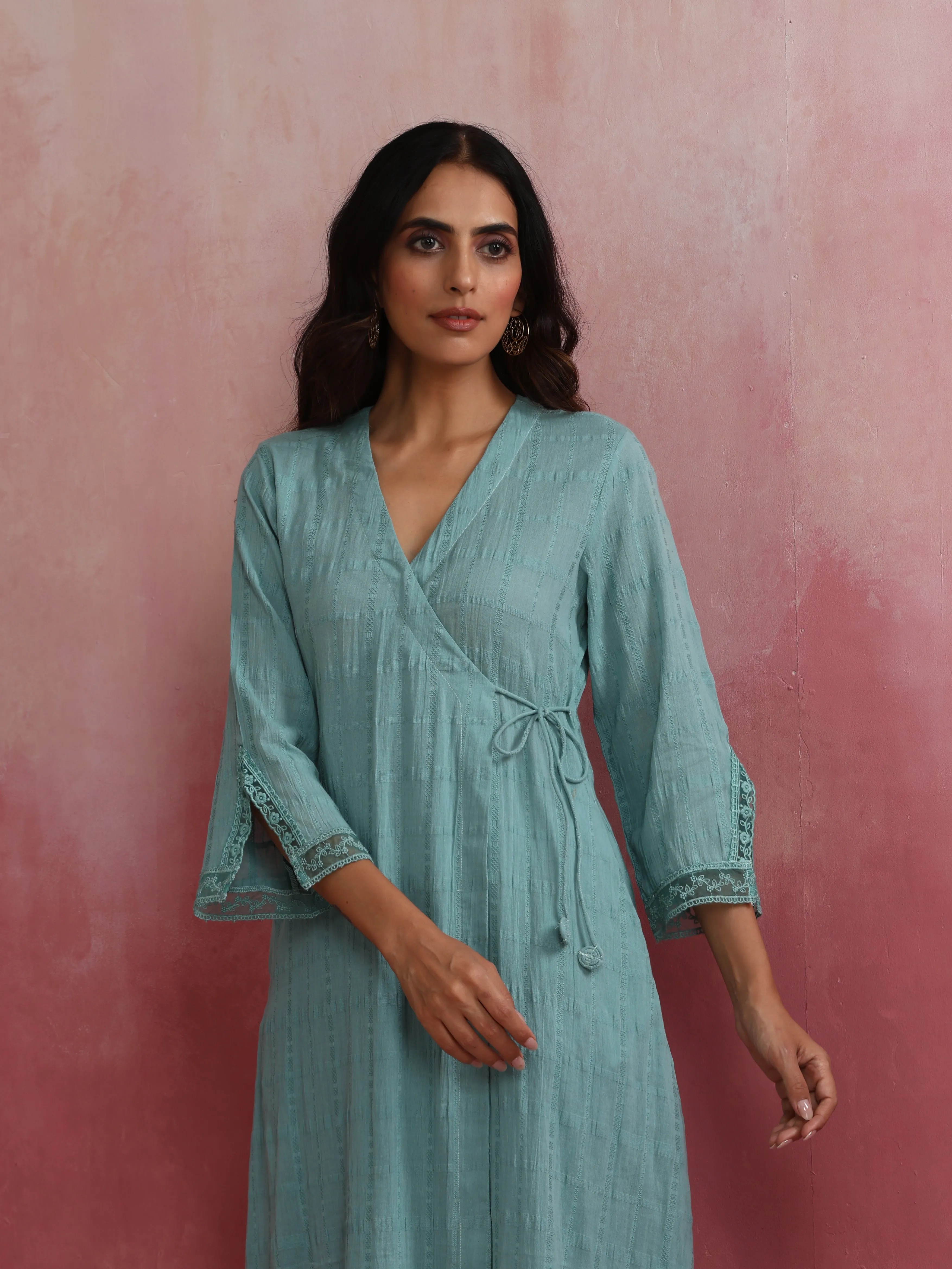 trueBrowns Aqua Blue Cotton Dobby Angrakha Kurta Set