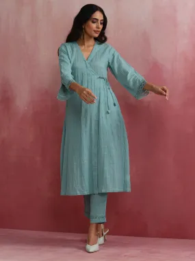 trueBrowns Aqua Blue Cotton Dobby Angrakha Kurta Set