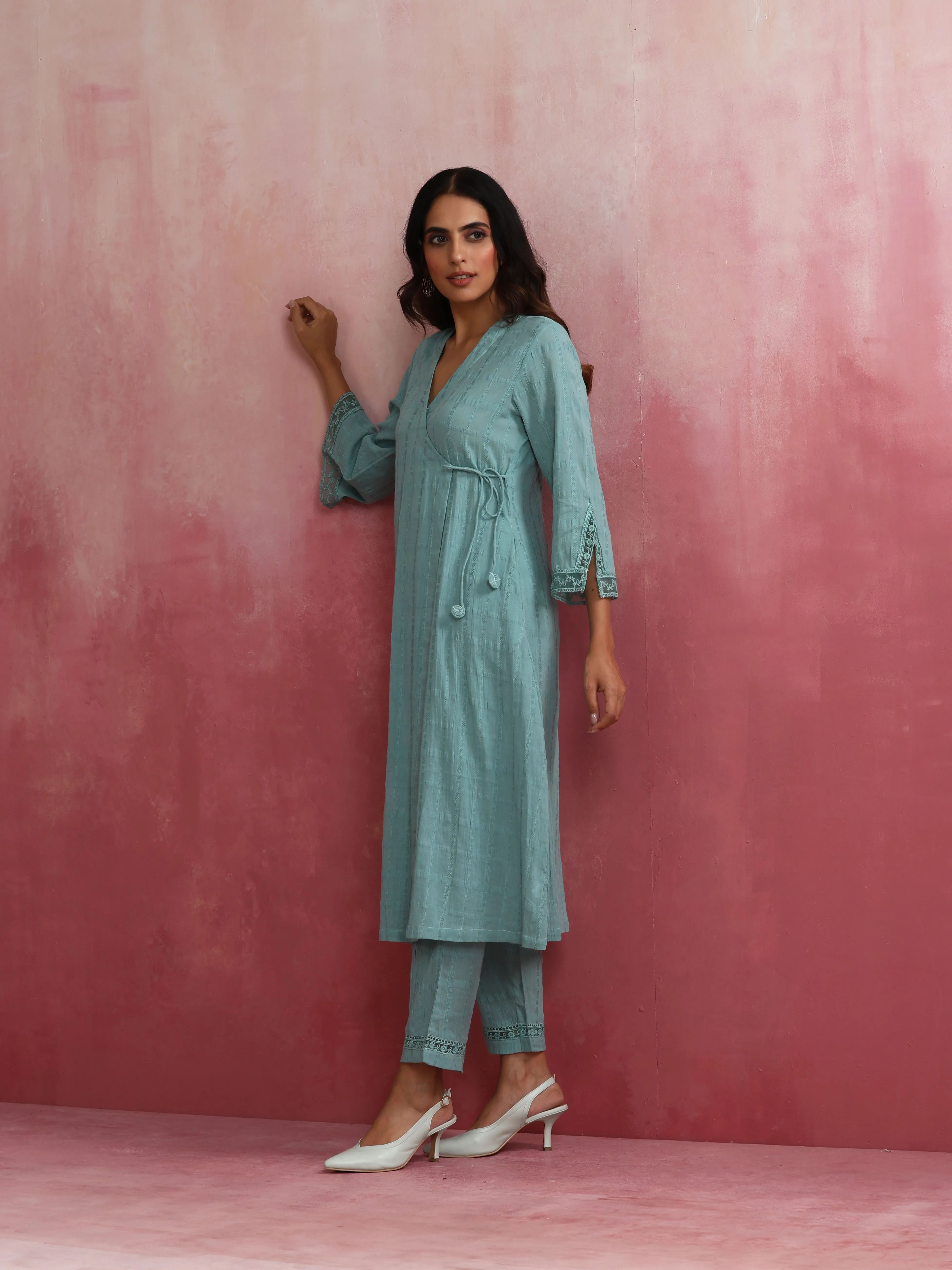 trueBrowns Aqua Blue Cotton Dobby Angrakha Kurta Set