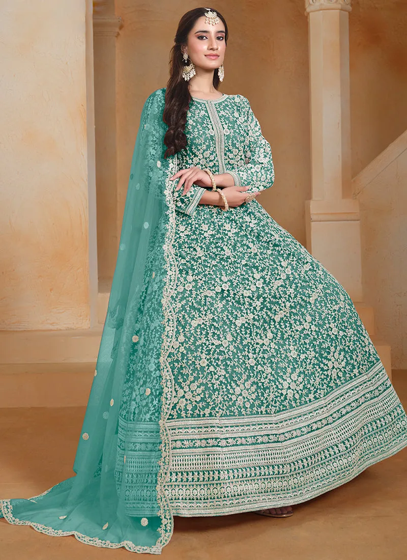 Turquoise Embroidery Festive Anarkali Suit