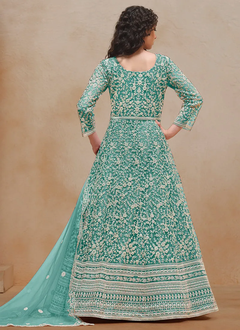 Turquoise Embroidery Festive Anarkali Suit