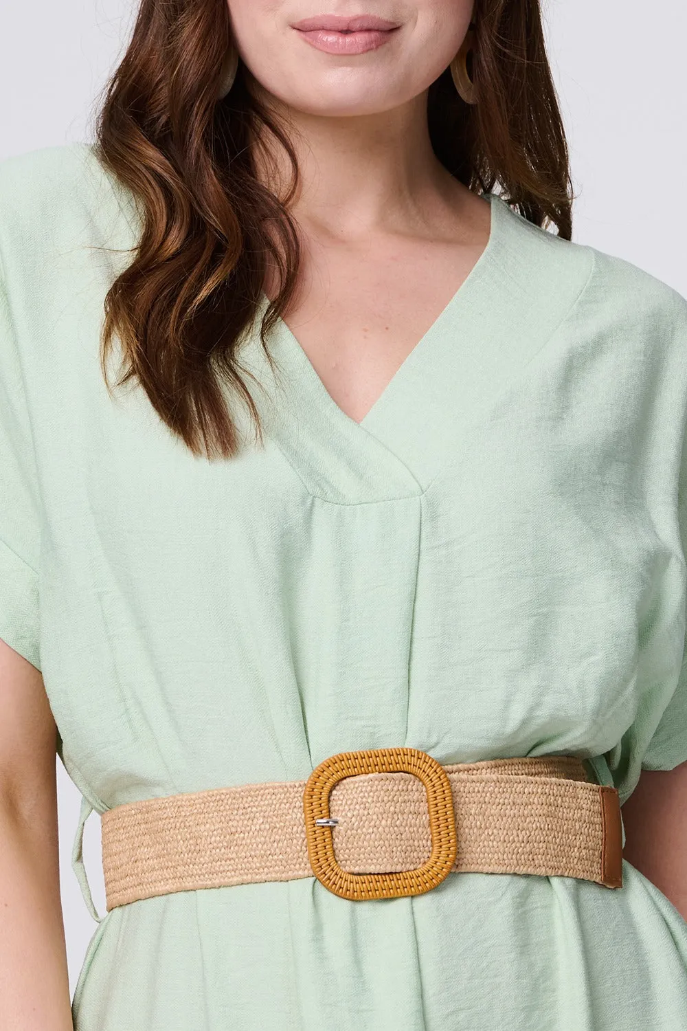 V-Neck Short Sleeve Belted Tunic Dress