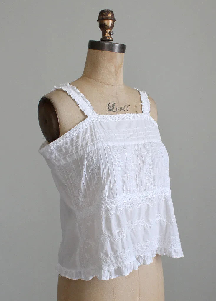 Vintage 1970s Embroidered White Cotton Tank