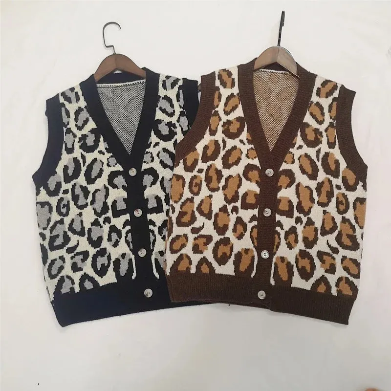 Vintage Animal Print V-neck Knitted Sweater Vest Top