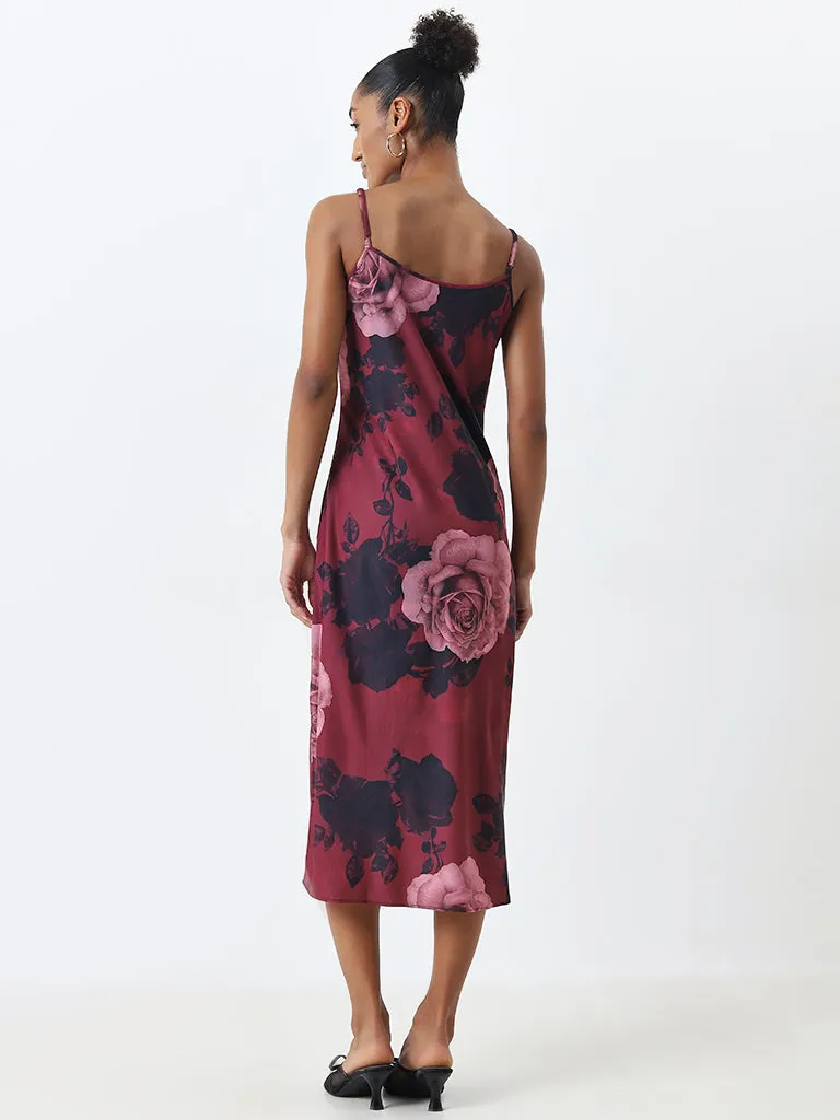 Wardrobe Burgundy Floral Printed Slip Dress