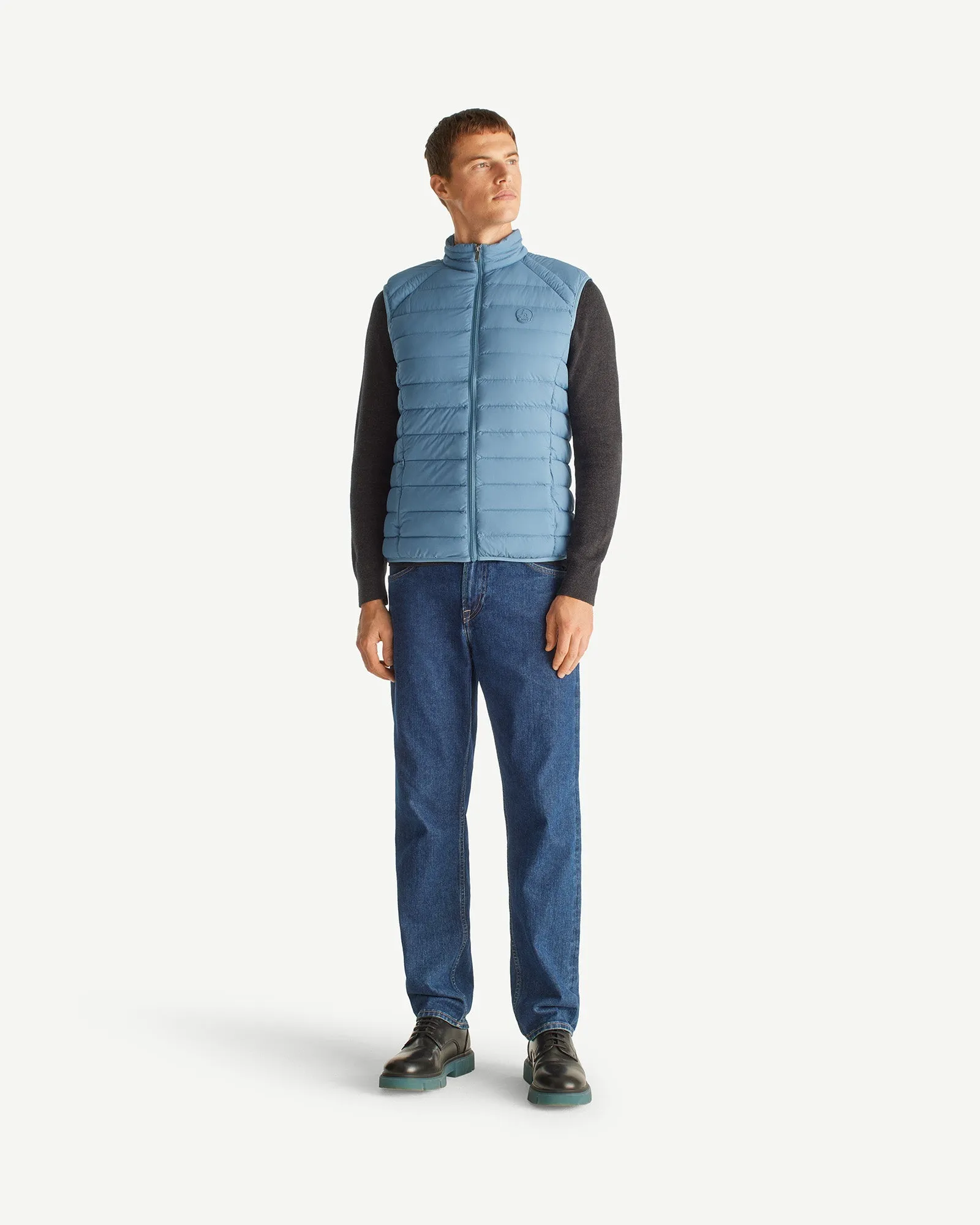 Washed blue Arafo stretch sleeveless puffer jacket