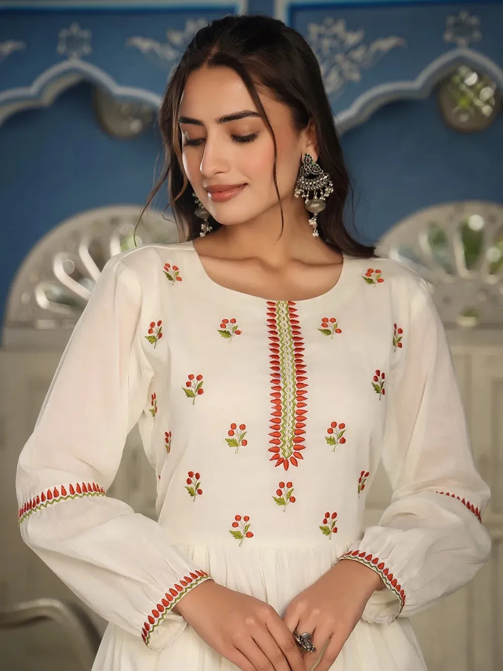 White & Red Cotton Embroidered Kurta Pant Set