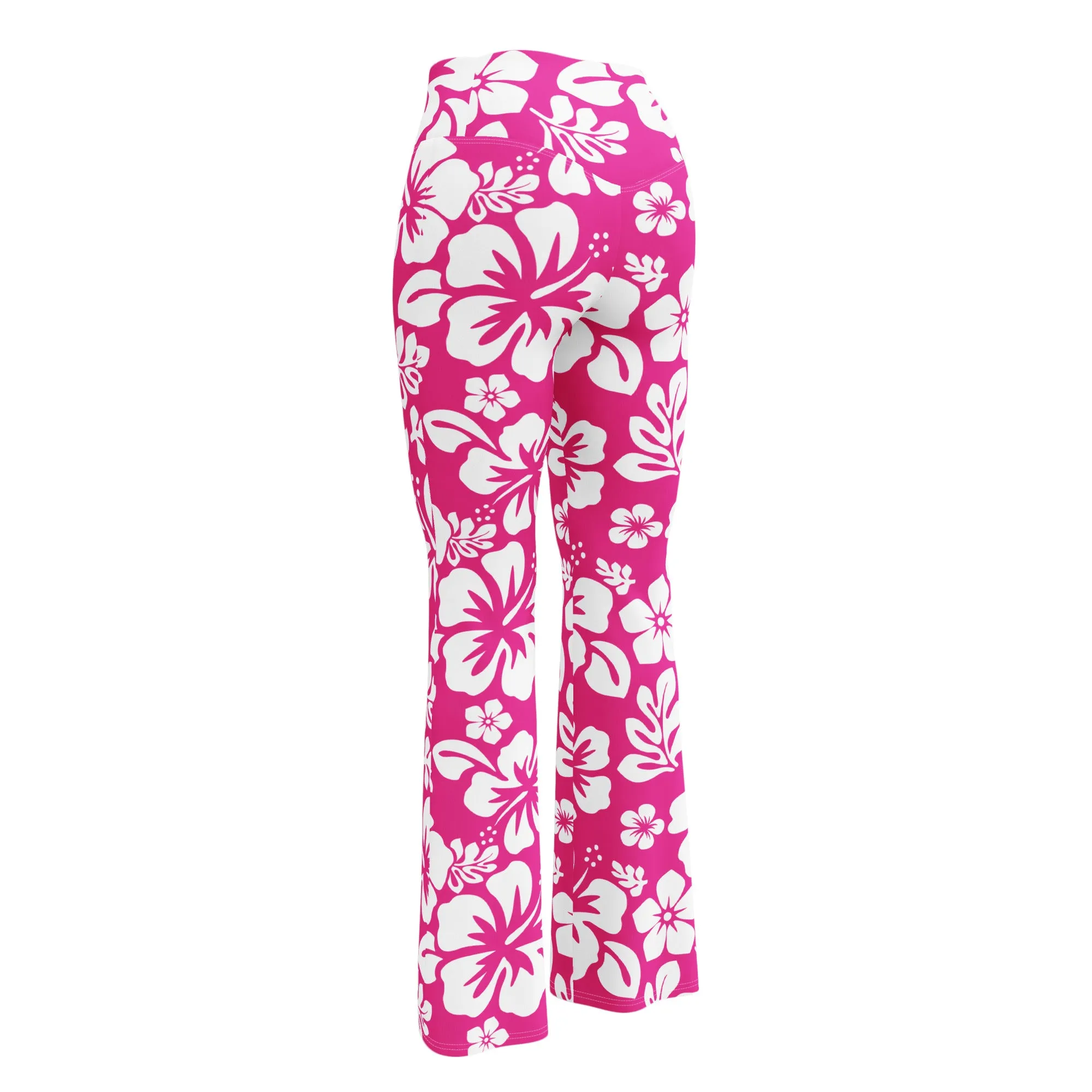 White and Hot Pink Hawaiian Flowers High Waist Flare Leggings