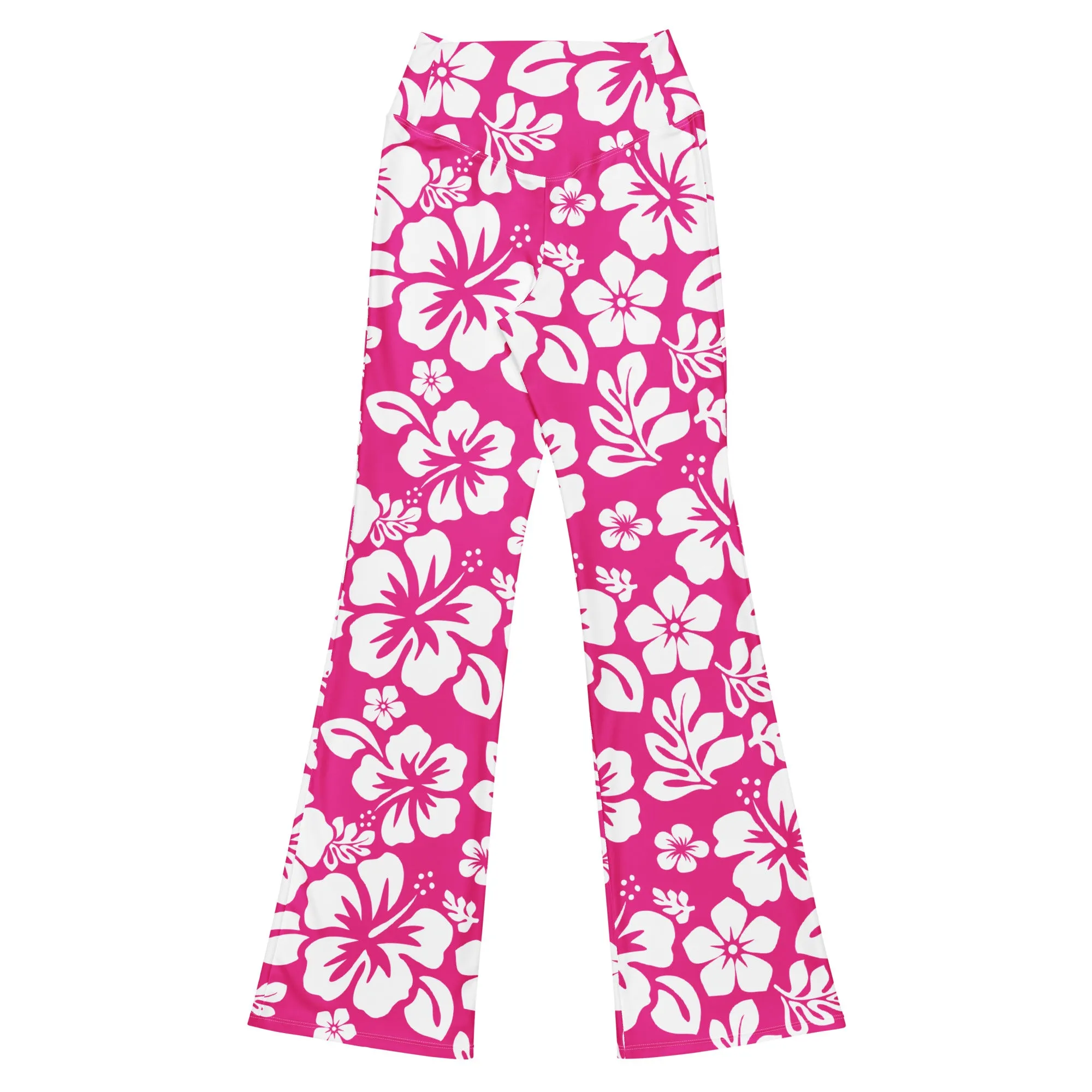 White and Hot Pink Hawaiian Flowers High Waist Flare Leggings