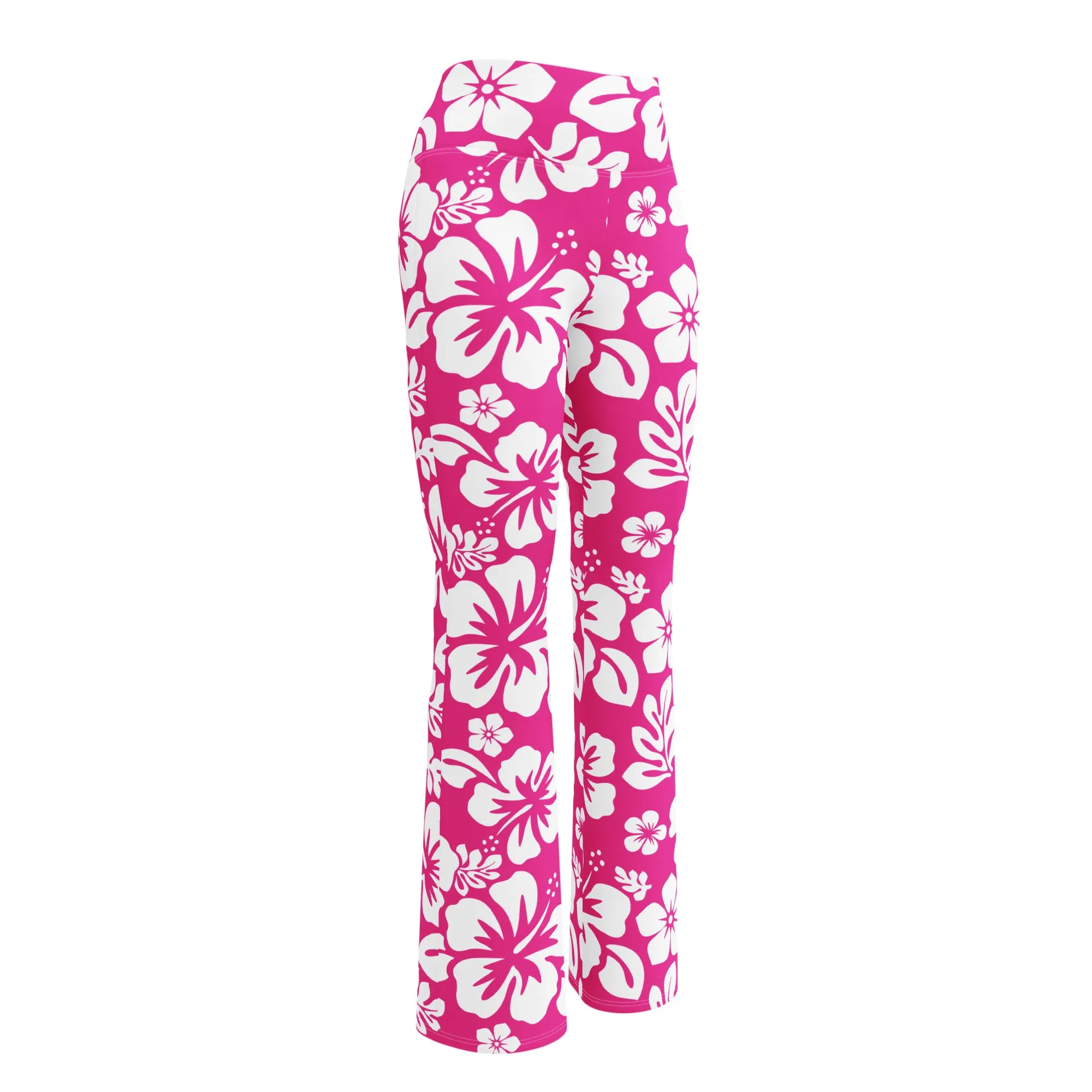 White and Hot Pink Hawaiian Flowers High Waist Flare Leggings