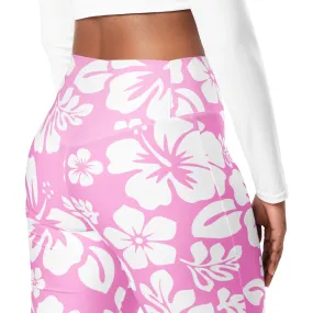 White and Pink Hawaiian Flowers High Waist Flare Leggings