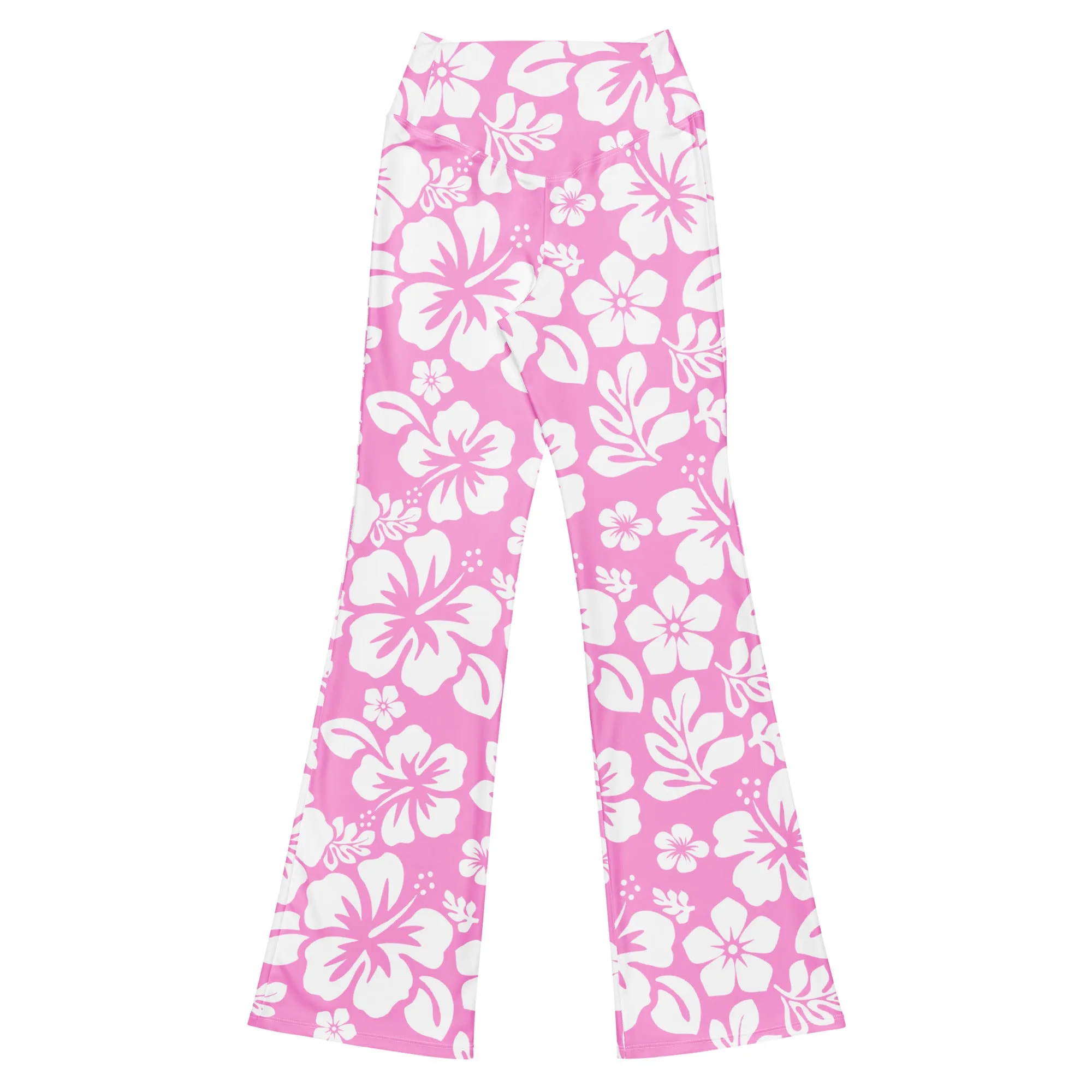 White and Pink Hawaiian Flowers High Waist Flare Leggings