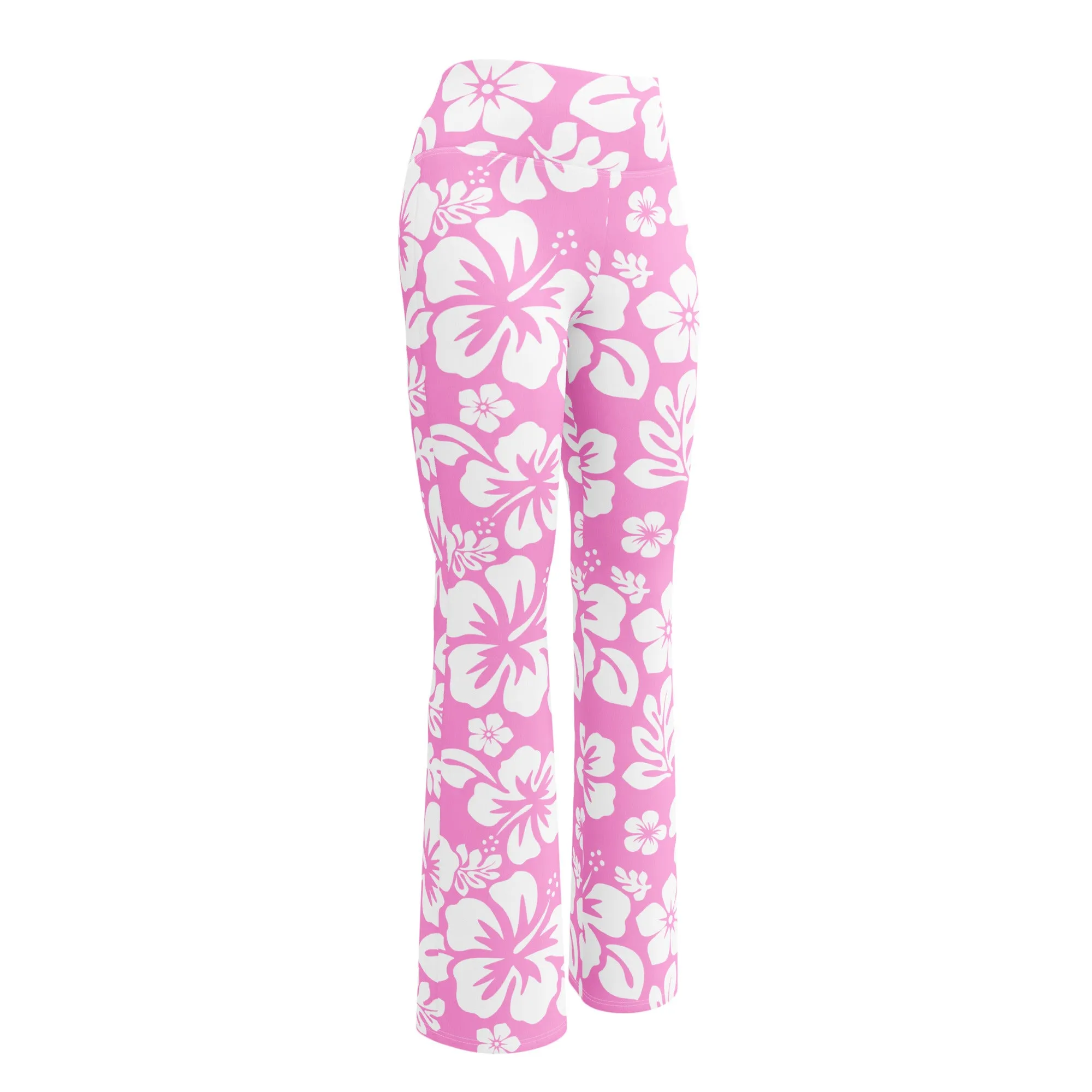 White and Pink Hawaiian Flowers High Waist Flare Leggings