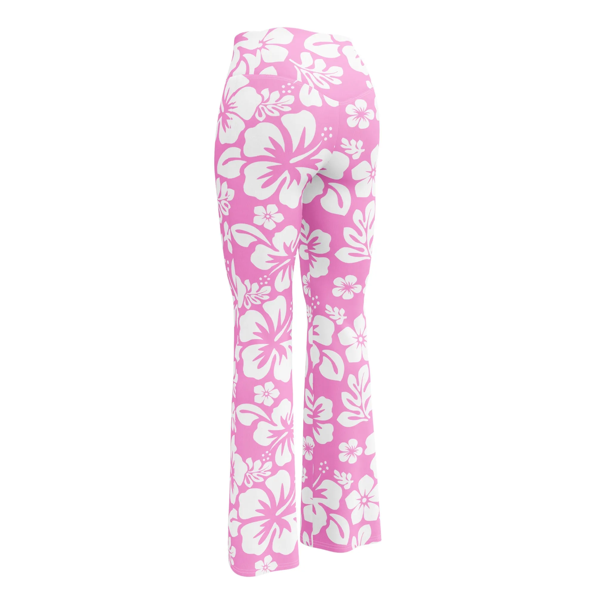 White and Pink Hawaiian Flowers High Waist Flare Leggings