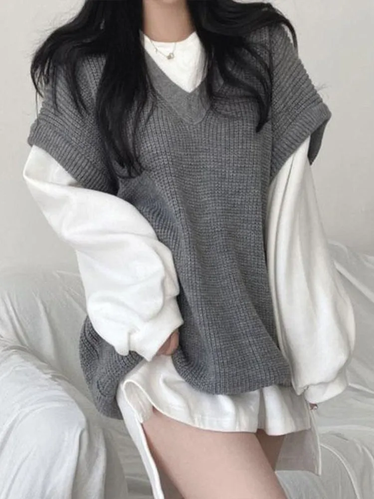 Wjczt Autumn Winter Sweater Vest Women Korean Fashion Preppy Style Knitted Sweater Female Oversized Casual Loose Sleeveless Pullovers