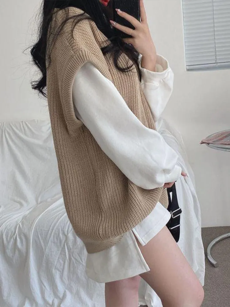 Wjczt Autumn Winter Sweater Vest Women Korean Fashion Preppy Style Knitted Sweater Female Oversized Casual Loose Sleeveless Pullovers